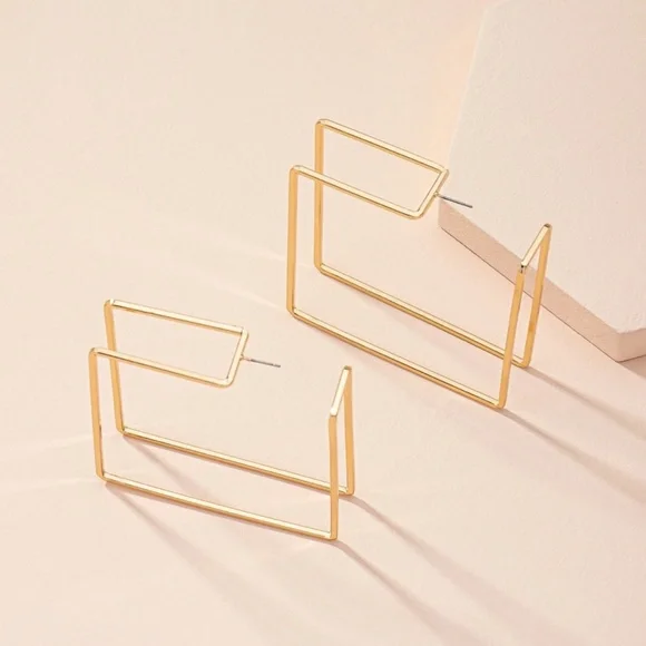 Gold Tone Squared Hoop Earrings Large Square Geometric Shape Metal Iron Yellow - Picture 3 of 5